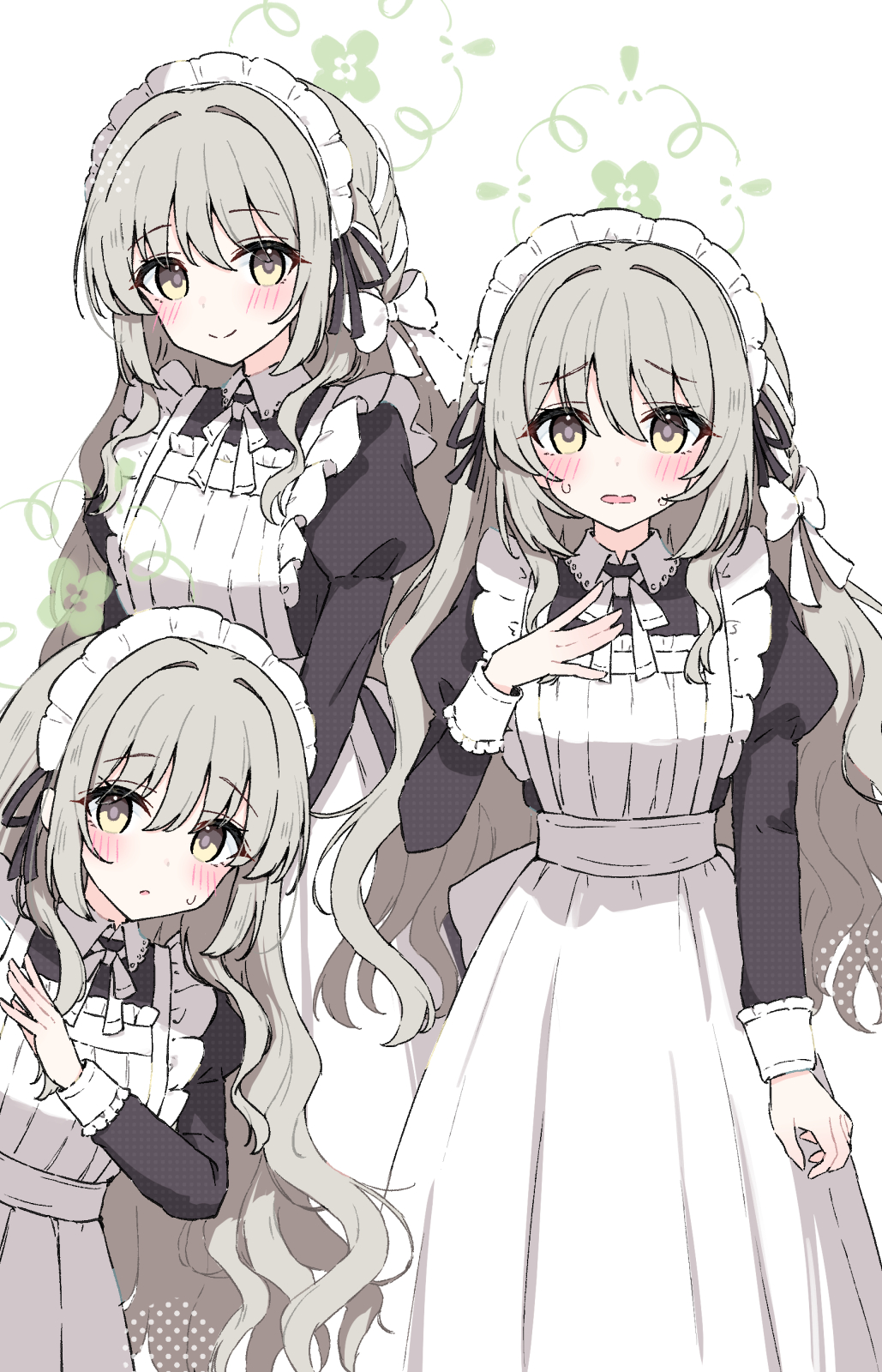 sateto (user knrf2332), miyo (blue archive), blue archive, commentary, highres, 1girl, alternate costume, apron, back bow, black dress, black ribbon, blush, bow, closed mouth, collared dress, contrast collar, dress, embarrassed, frilled apron, frills, green halo, grey hair, hair bow, hair ribbon, halo, hand on own chest, juliet sleeves, long hair, long sleeves, looking at viewer, maid, maid apron, maid headdress, multiple views, neck ribbon, open mouth, parted lips, peeking out, polka dot, puffy sleeves, raised eyebrows, ribbon, simple background, sleeve cuffs, smile, straight-on, sweat, white apron, white background, white bow, white headdress, white ribbon, yellow eyes