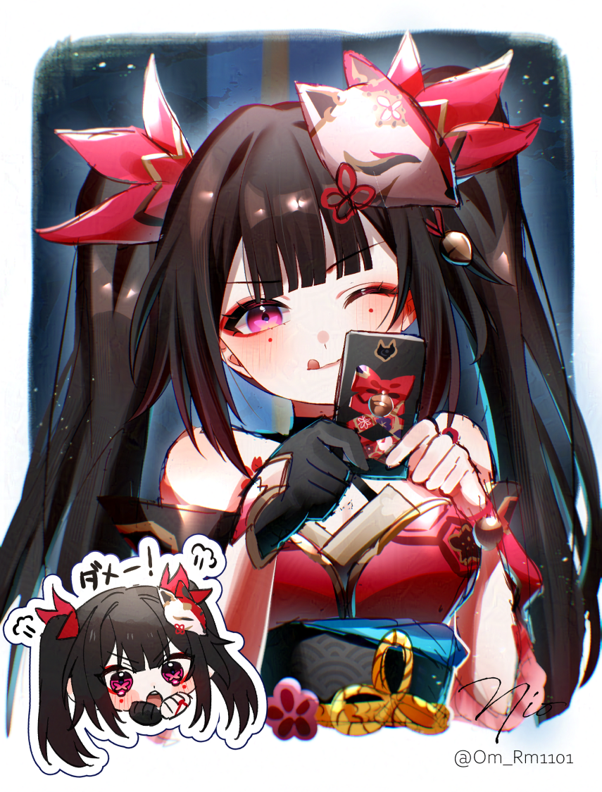 om rm1101, sparkle (honkai: star rail), honkai: star rail, honkai (series), commentary, 1girl, black gloves, blush, chibi, chibi inset, dress, facial mark, gloves, licking lips, looking at viewer, mask, mask on head, one eye closed, puff of air, purple eyes, red dress, single glove, solo, tongue, tongue out, twintails