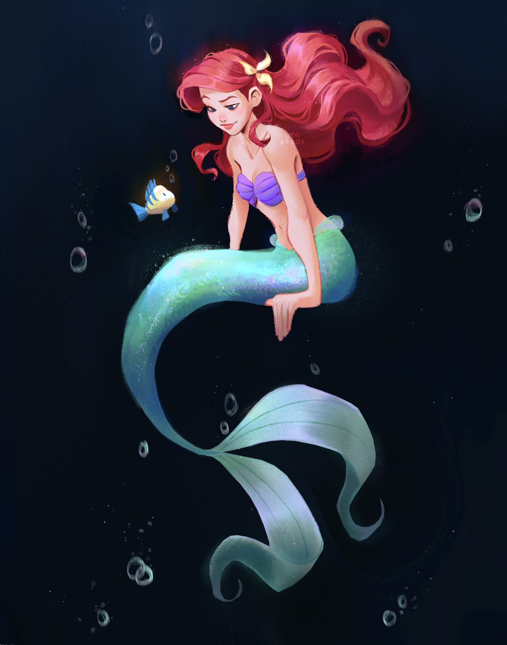 ariel (disney), flounder (the little mermaid), the little mermaid (disney), highres, procreate (medium), 1girl, air bubble, bikini, black background, bubble, fish, flower, giaseeds, hair flower, hair ornament, long hair, mermaid, monster girl, red hair, shell, shell bikini, swimsuit, yellow flower