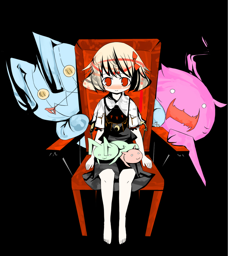 hyara, rumia, embodiment of scarlet devil, touhou, bad id, bad pixiv id, 1girl, barefoot, black background, blonde hair, doll, feet, female focus, red eyes, ribbon, sitting, solo