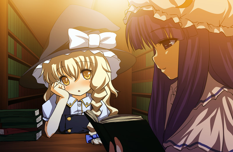broiler, hong meiling, kirisame marisa, patchouli knowledge, touhou, 2girls, :o, anime coloring, blonde hair, blush, book, book stack, bookshelf, braid, brown eyes, embellished costume, female focus, full-face blush, hat, head rest, holding, holding book, indoors, library, looking at viewer, multiple girls, open book, parted lips, profile, puffy short sleeves, puffy sleeves, reading, short sleeves, single braid, upper body, voile, witch hat
