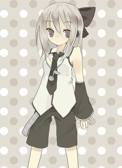 original, silver hair, 1girl, bare shoulders, black necktie, blush, brown hair, detached sleeves, female focus, legs apart, musical note, necktie, polka dot, polka dot background, short hair, short sleeves, shorts, sidelocks, simple background, solo, standing, vest