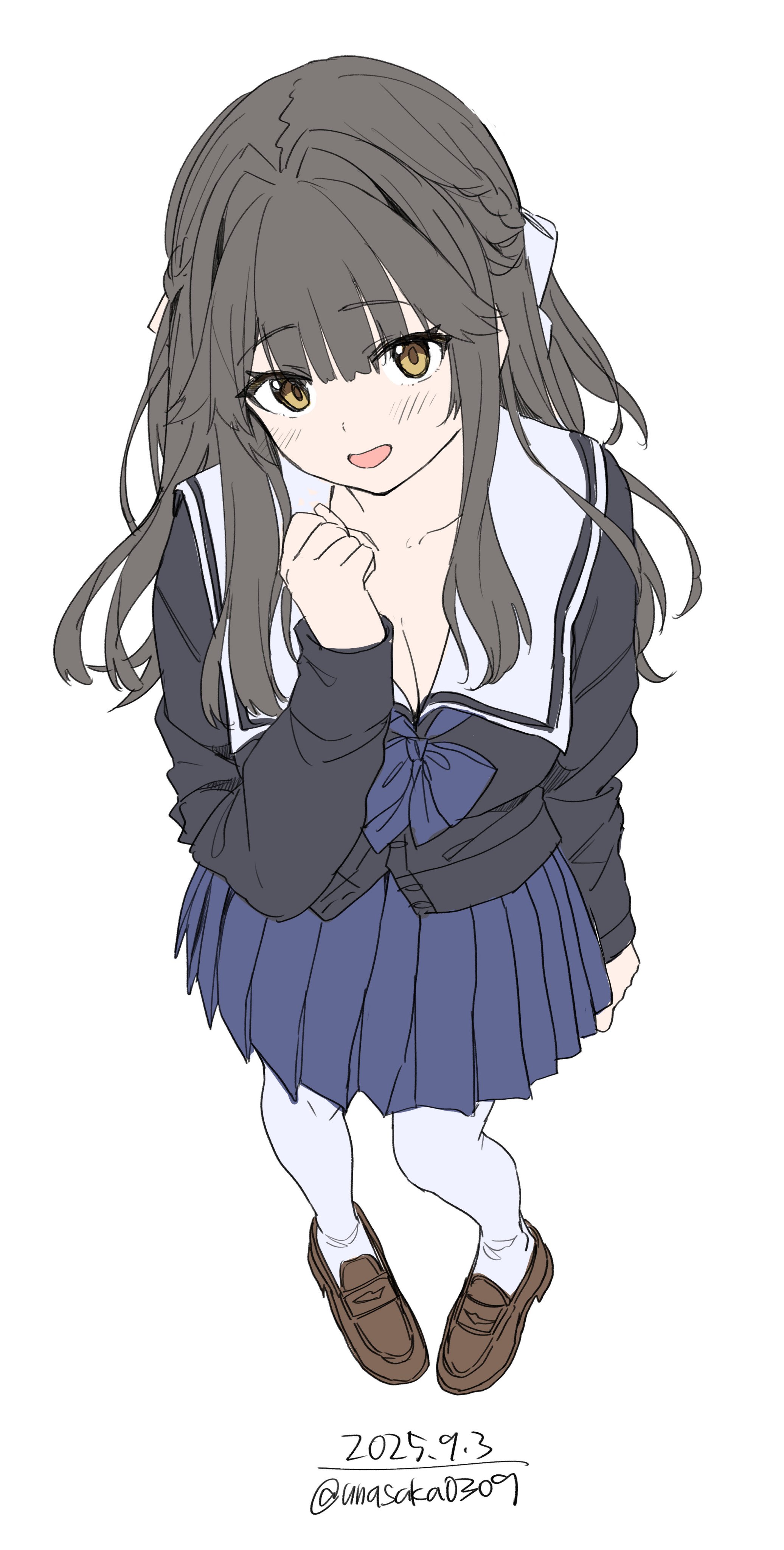 unasaka ryou, original, absurdres, highres, 1girl, black serafuku, black shirt, blue bow, bow, breasts, brown eyes, brown hair, cleavage, collarbone, long hair, long sleeves, looking at viewer, open mouth, panties, pantyhose, pleated skirt, red skirt, sailor collar, school uniform, serafuku, shirt, shoes, simple background, skirt, smile, solo, underwear, white background, white panties, white sailor collar