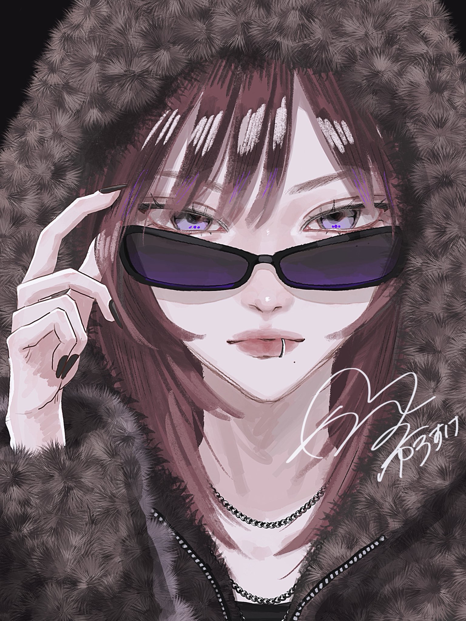 yurosuke, original, commentary request, highres, 1girl, black nails, face piercing, hood, hood up, jewelry, lip piercing, looking at viewer, looking over eyewear, medium hair, nail polish, necklace, piercing, purple eyes, red hair, signature, solo, sunglasses