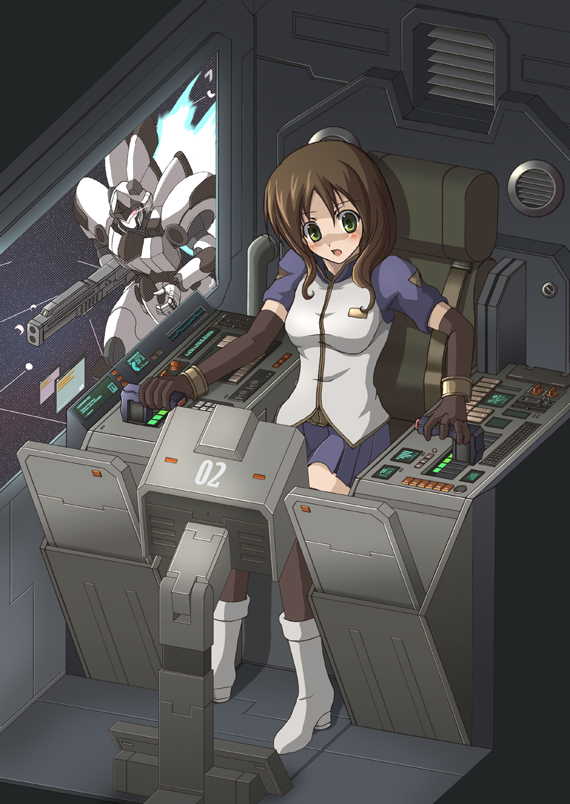 takeki (nibelungen), original, 1girl, brown hair, cockpit, elbow gloves, female focus, gloves, mecha, robot, solo