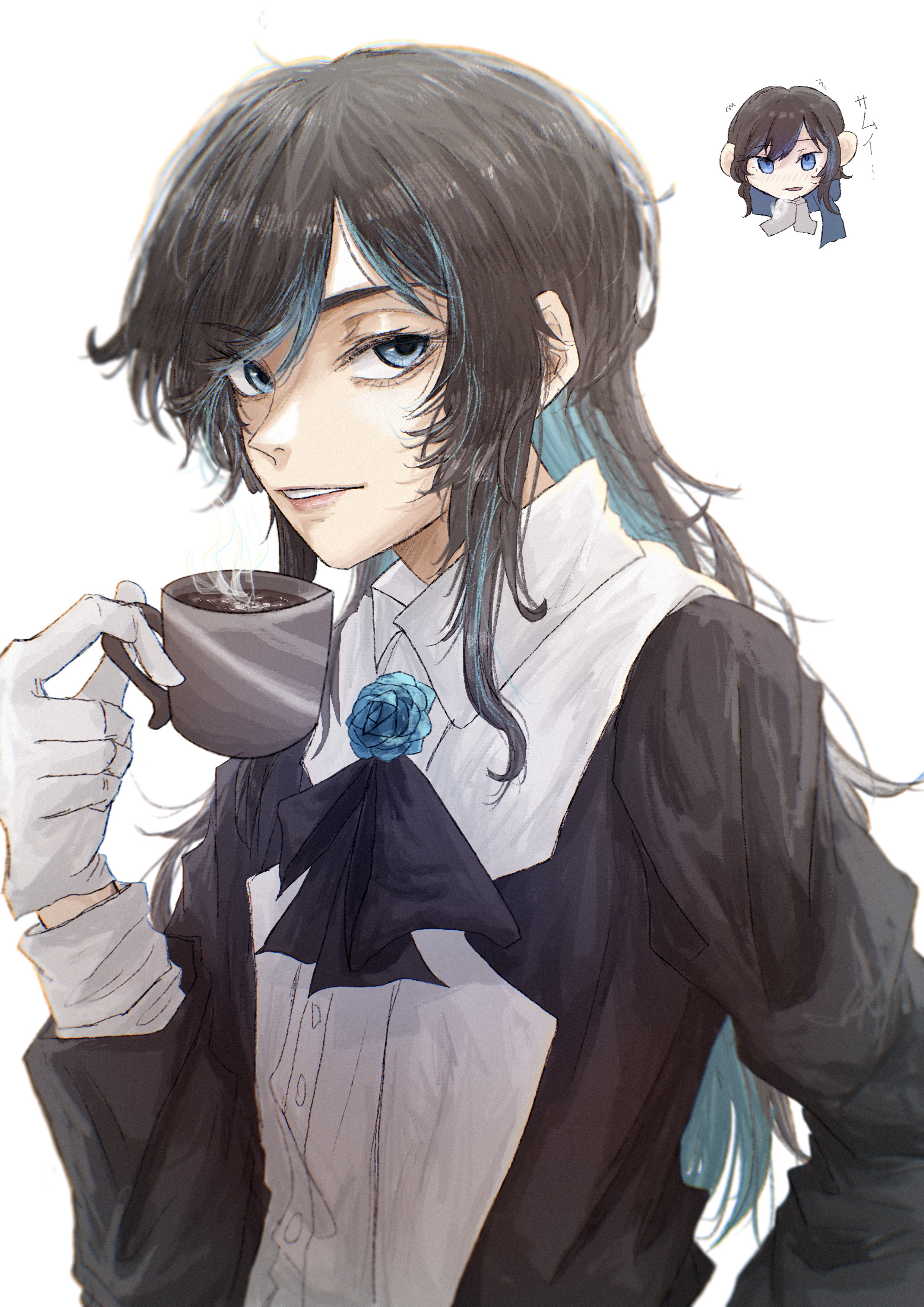koruko (kaoruko67000), chando (ado), ado (utaite), absurdres, commentary, highres, 1girl, aegyo sal, black hair, blue eyes, blue hair, coffee, collared shirt, colored inner hair, cup, dress shirt, gloves, holding, holding cup, long hair, mole, mole under eye, multicolored hair, open mouth, shirt, sidelocks, simple background, solo, utaite, white background, white gloves, white shirt