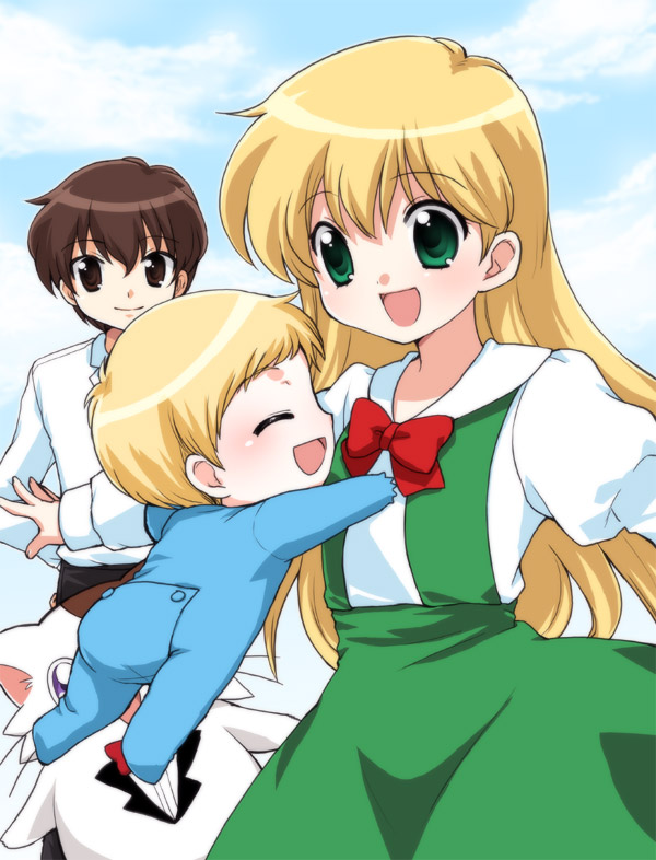 usashiro mani, kouzuki miyu, ruu (daa! daa! daa!), saionji kanata, wanyaa, daa! daa! daa!, 1girl, 2boys, :d, baby, blonde hair, blush, bow, brown hair, cat, closed eyes, cloud, day, green eyes, juliet sleeves, long hair, long sleeves, looking at viewer, multiple boys, open mouth, outdoors, outstretched arms, profile, puffy sleeves, purple eyes, school uniform, serafuku, shirt, short hair, sideways mouth, smile