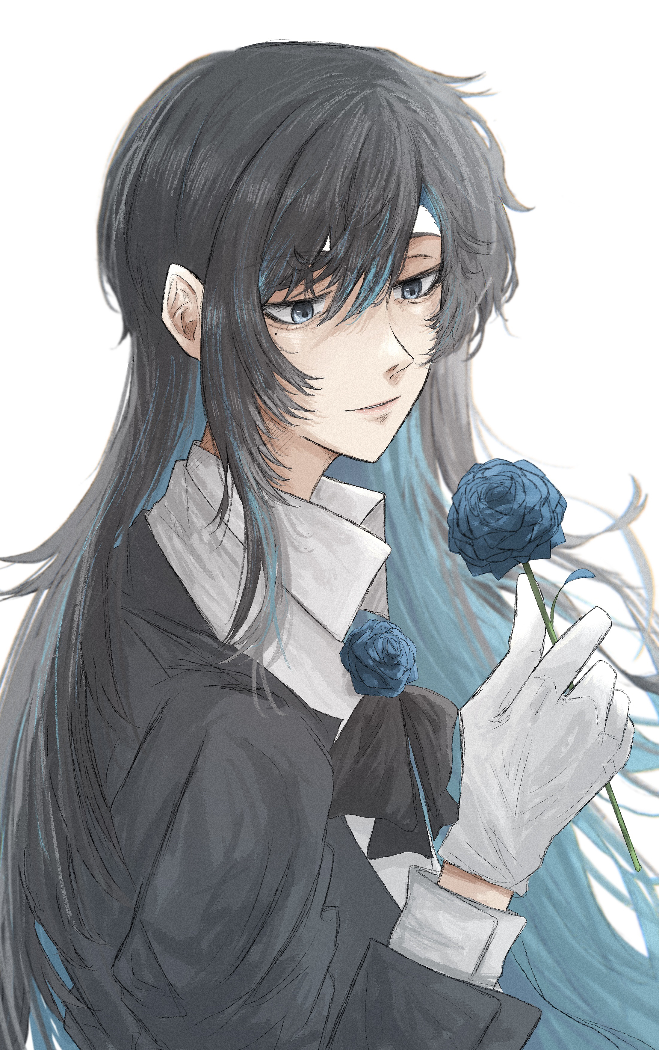 koruko (kaoruko67000), chando (ado), ado (utaite), absurdres, commentary, highres, 1girl, aegyo sal, black hair, blue eyes, blue flower, blue hair, blue rose, closed mouth, colored inner hair, flower, gloves, hair between eyes, holding, holding flower, long hair, long sleeves, mole, mole under eye, multicolored hair, rose, sidelocks, simple background, solo, upper body, utaite, white background, white gloves