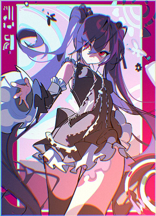 ariozara, hatsune miku, hatsune miku (infinity), hatsune miku no gekishou (vocaloid), project diva (series), vocaloid, 1girl, black dress, black sleeves, black thighhighs, bow, breasts, chromatic aberration, closed mouth, cowboy shot, detached sleeves, dress, frilled dress, frilled sleeves, frills, hair between eyes, long hair, long sleeves, looking at viewer, purple hair, red eyes, short dress, single thighhigh, sleeveless, solo, thighhighs, twintails, very long hair