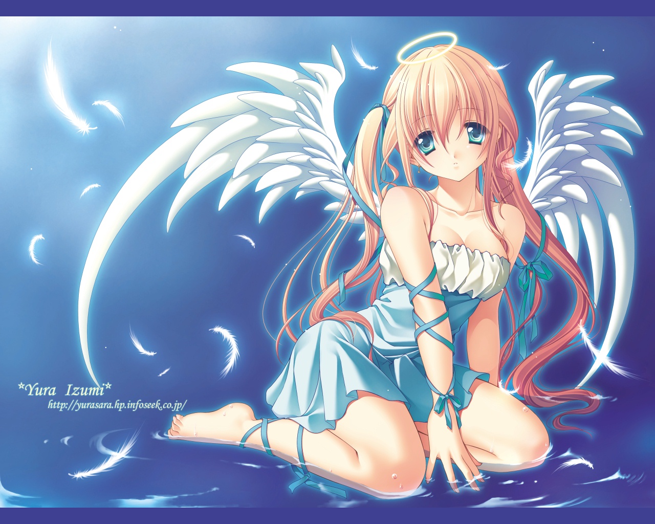 izumi yura, original, 1girl, angel wings, ankle lace-up, arm ribbon, breasts, cleavage, feathers, female focus, hair ribbon, halo, ribbon, solo, traditional halo, twintails, water, wings