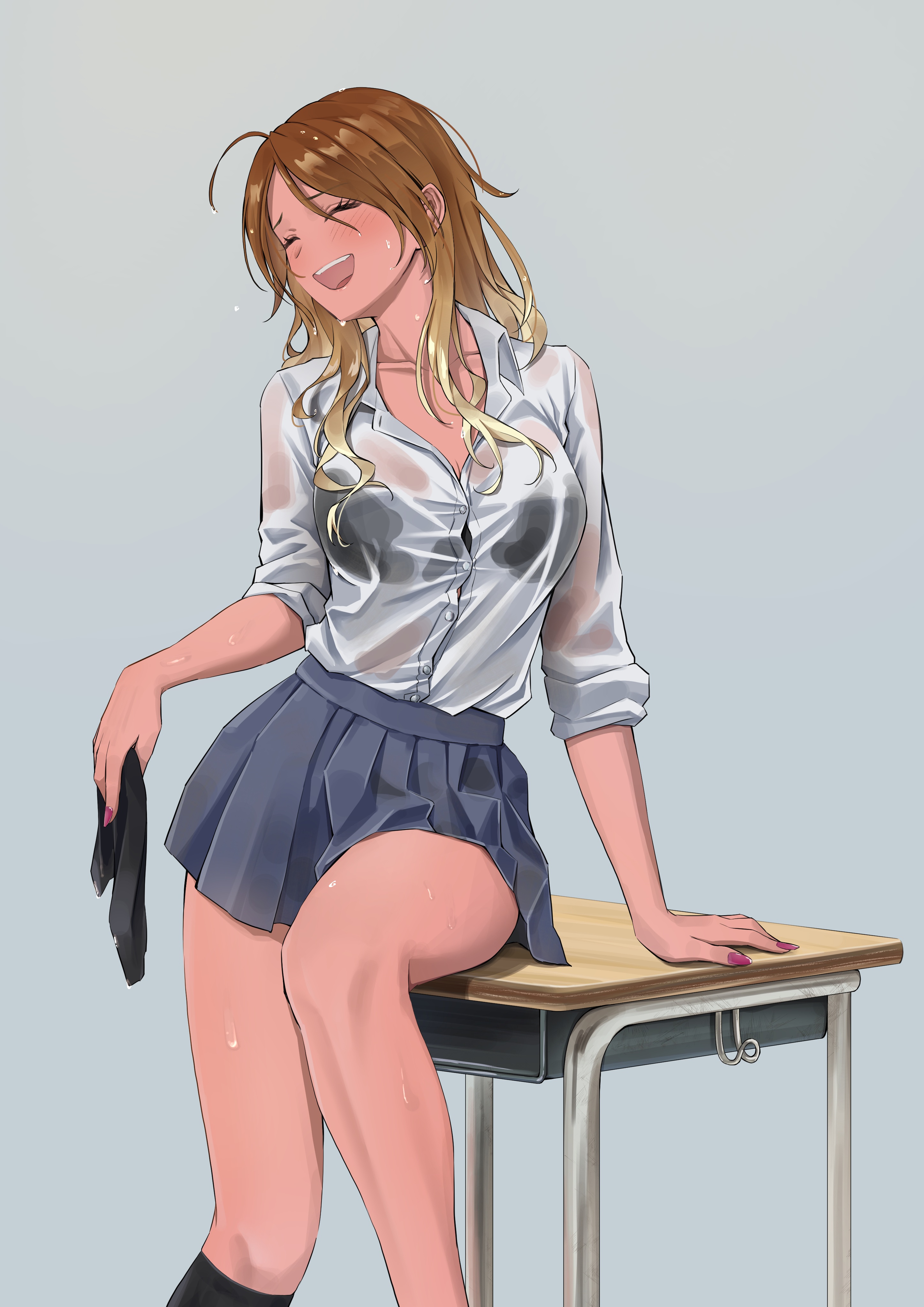 daiko (dai1974910), izumi mei, idolmaster, idolmaster shiny colors, absurdres, highres, 1girl, ^ ^, ahoge, arm support, black bra, black socks, blonde hair, bra, bra visible through clothes, breasts, brown hair, closed eyes, collarbone, desk, feet out of frame, fingernails, gradient hair, grey skirt, kneehighs, large breasts, long hair, miniskirt, multicolored hair, nail polish, open collar, pleated skirt, school desk, school swimsuit, shirt, shirt tucked in, single sock removed, skirt, smile, socks, solo, swimsuit, underwear, wet, wet clothes, wet shirt, white shirt