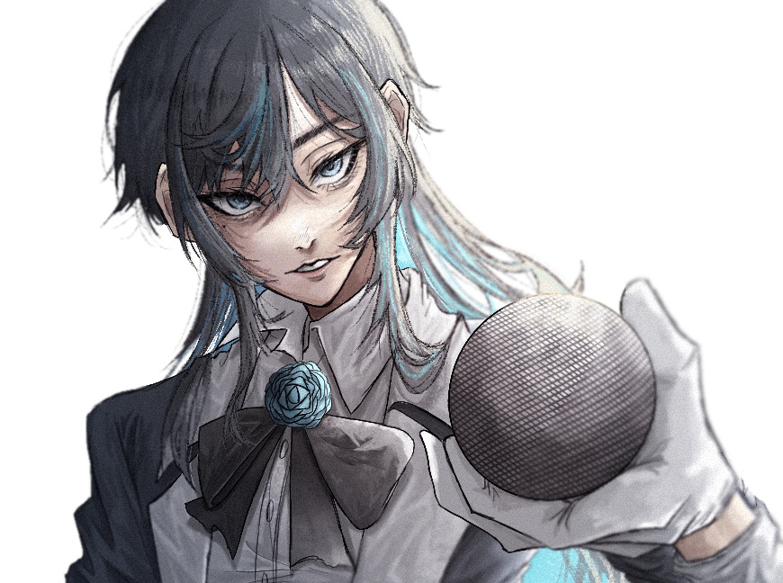 koruko (kaoruko67000), chando (ado), ado (utaite), commentary, 1girl, black bow, black bowtie, black hair, blue eyes, blue hair, bow, bowtie, collared shirt, colored inner hair, dress shirt, holding, holding microphone, long hair, microphone, mole, mole under eye, multicolored hair, open mouth, shirt, simple background, solo, utaite, white background, white shirt