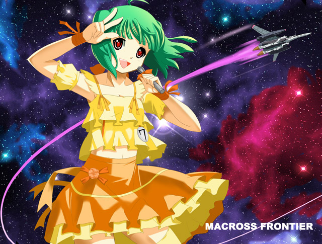 azuma reiji, ranka lee, vf-25, macross, macross frontier, 00s, 1girl, green eyes, green hair, mecha, red eyes, ribbon, robot, s.m.s., space