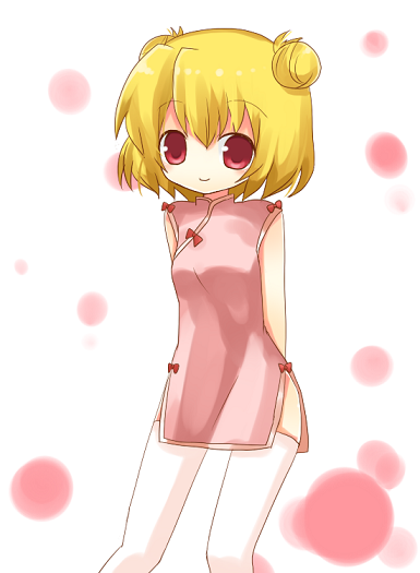 yuzuki (yuduame), houjou satoko, higurashi no naku koro ni, 00s, 1girl, blonde hair, china dress, chinese clothes, dress, female focus, red eyes, smile, solo, thighhighs, white background, white thighhighs