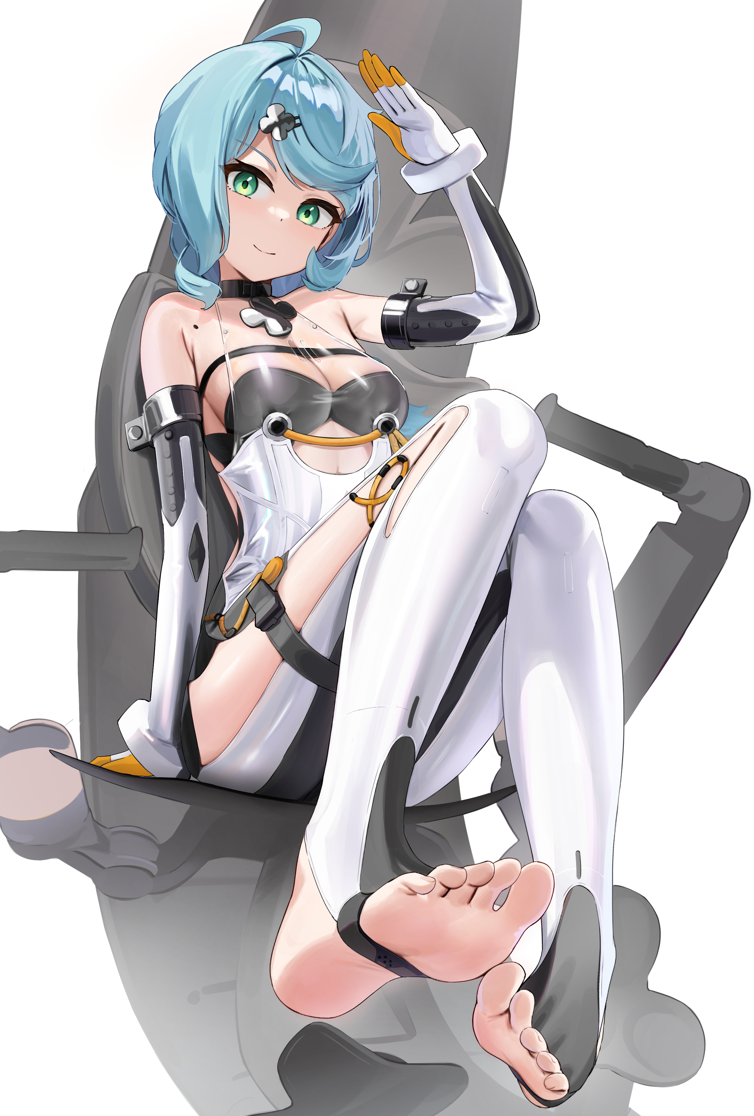 skai kun, seed (zenless zone zero), zenless zone zero, absurdres, highres, 1girl, bare shoulders, blue hair, breasts, dress, elbow gloves, gloves, green eyes, looking at viewer, medium breasts, medium hair, see-through cleavage, see-through clothes, short dress, smile, solo, stirrup legwear, thighhighs, toeless legwear, white dress, white gloves, white thighhighs