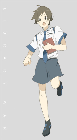 hayato (meromoni), kasahara iku, toshokan sensou, uniform, 00s, 1girl, ahoge, androgynous, book, female focus, grey hair, leg lift, necktie, open mouth, short hair, skirt, solo