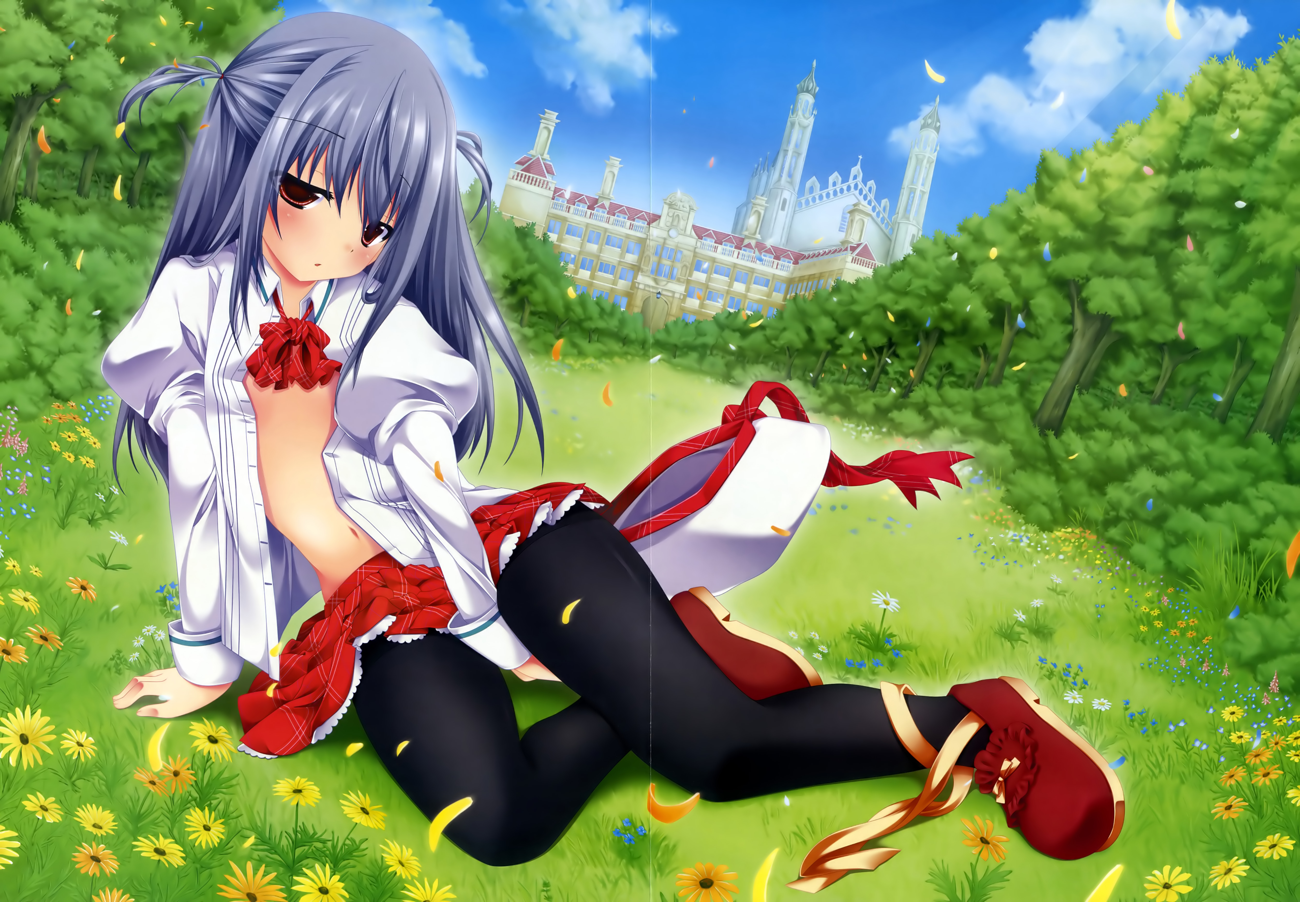 yuunagi seshina, seidou erisu, asa project, hime nochi honey, red neckwear, absurdres, highres, magazine scan, scan, 1girl, arm support, black pantyhose, blush, brown eyes, brown shoes, building, bush, cloud, female focus, flower, forest, grass, grey hair, hat, hat ribbon, long hair, long sleeves, looking at viewer, nature, navel, open clothes, open mouth, open shirt, pantyhose, petals, puffy sleeves, red skirt, ribbon, school uniform, shirt, shoes, sitting, skirt, sky, solo, sunflower, tree, twintails, unworn hat, unworn headwear, white hat, white shirt
