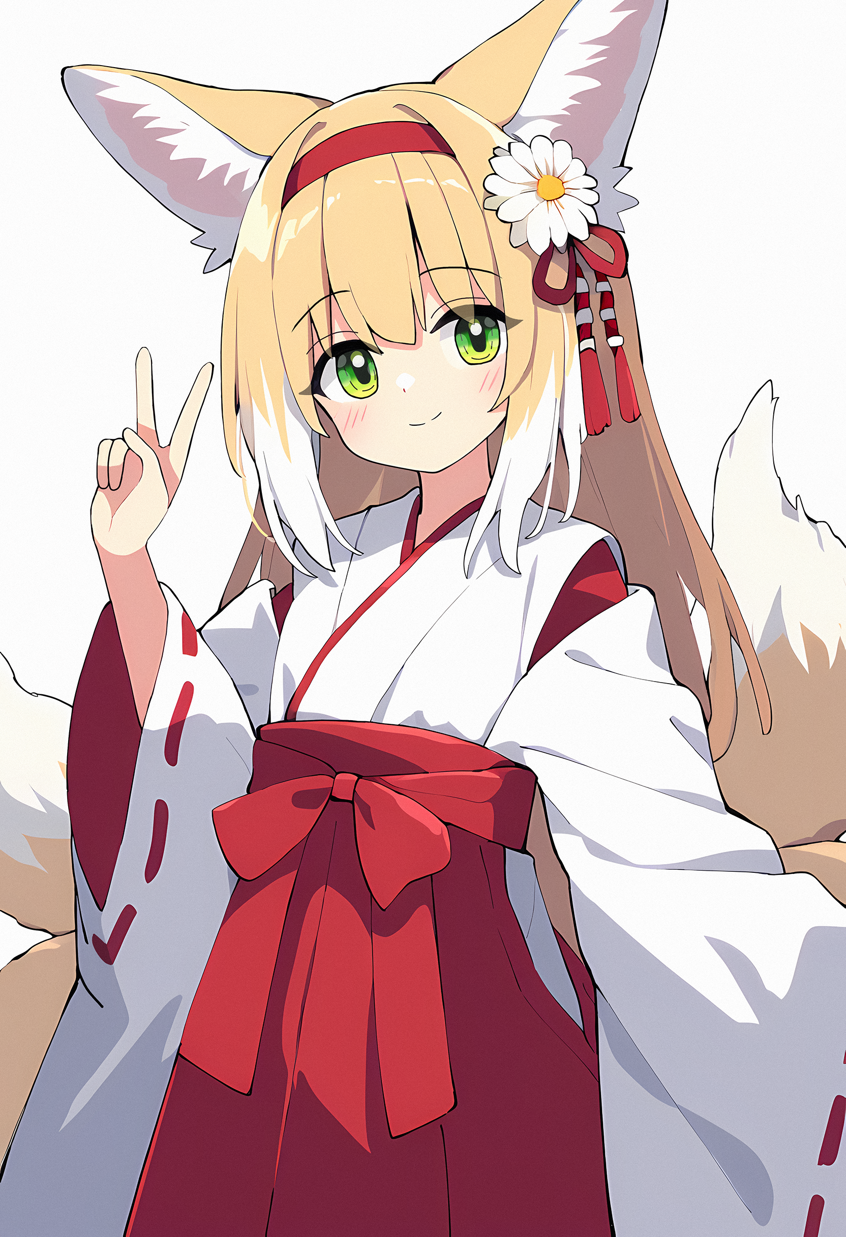 sakonana, suzuran (arknights), arknights, animal ears, blonde hair, flower, fox ears, fox girl, fox tail, green eyes, hair flower, hair ornament, hairband, hakama, japanese clothes, long hair, miko, multiple tails, peace symbol, red hairband, red hakama, red skirt, shirt, simple background, skirt, solo, tail, v, white shirt
