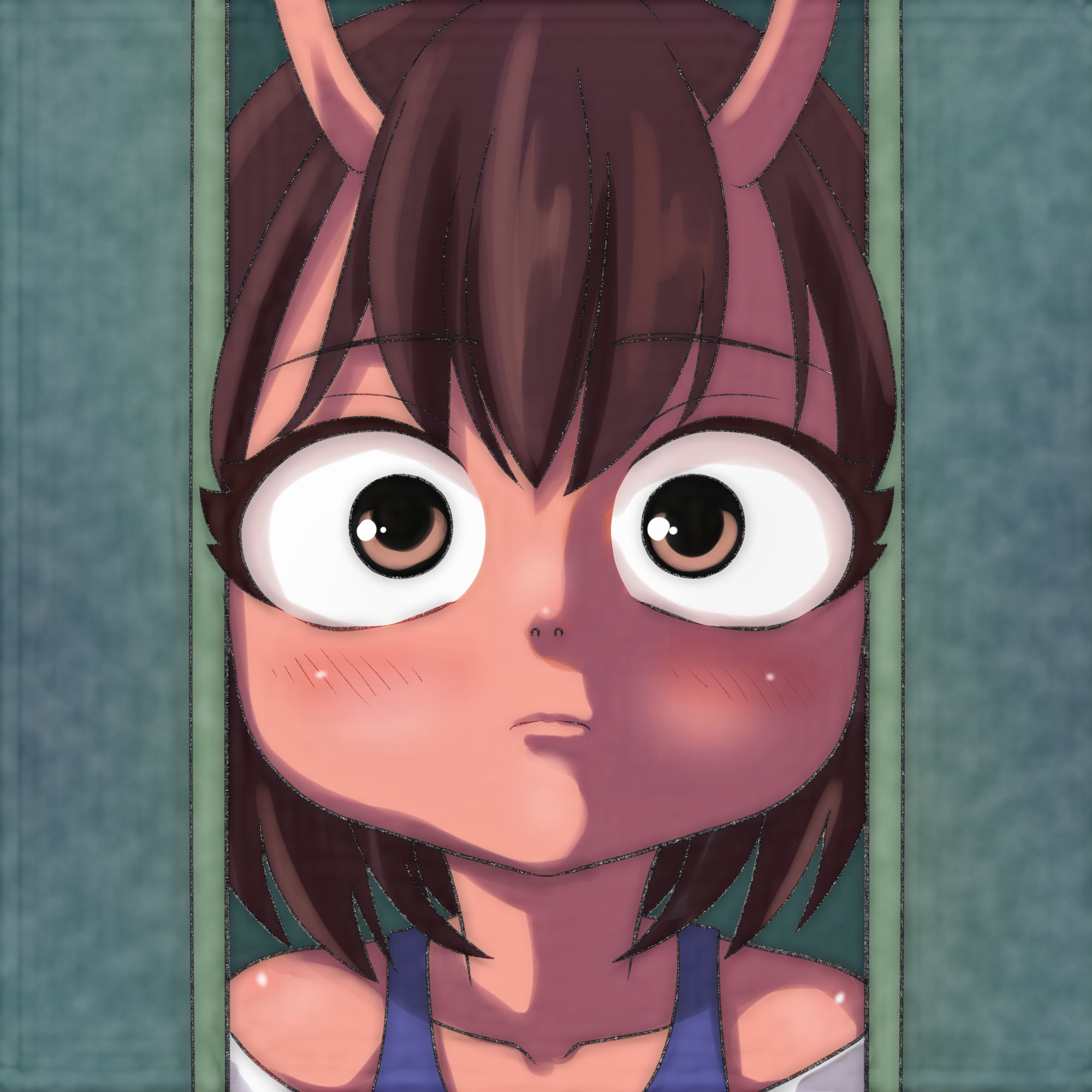 t jiroo (ringofriend), chiharu (milky highway), milky galactic universe, milky highway, milky subway, milky ☆ subway: the galactic limited express, 1girl, alien, antennae, blue bra, blush, bra, bra strap, brown eyes, brown hair, collarbone, colored skin, looking at viewer, off-shoulder shirt, off shoulder, red skin, shirt, short hair, standing, underwear, upper body, white shirt