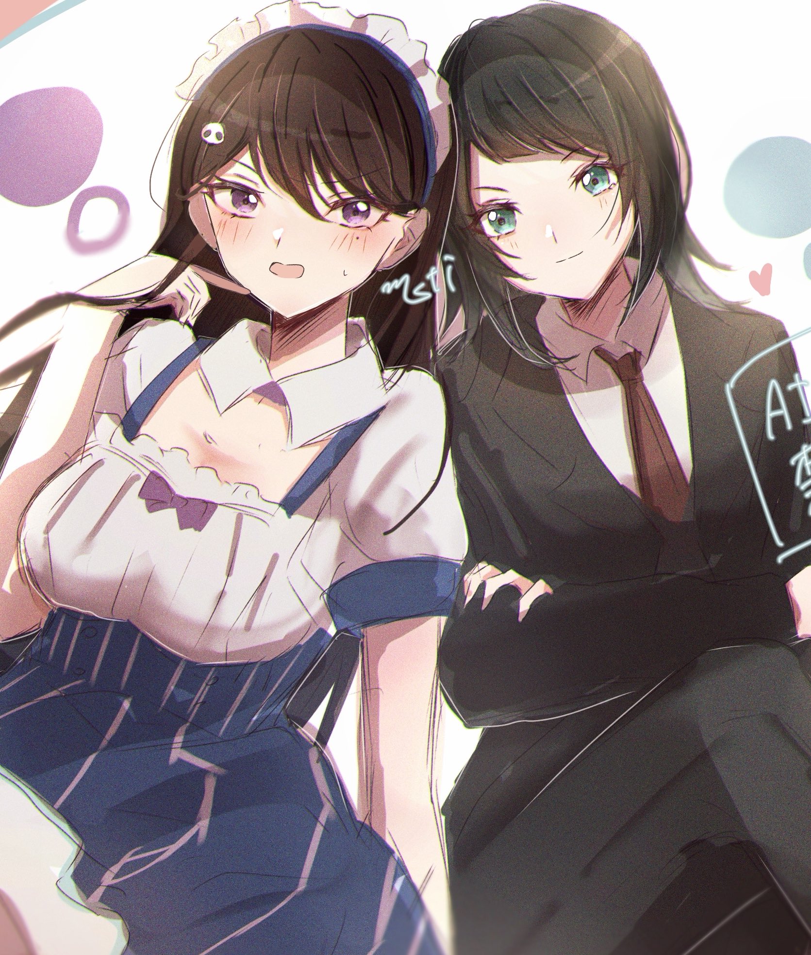 shiina taki, yahata umiri, bang dream!, bang dream! it's mygo!!!!!, lawson, commentary, highres, 2girls, black hair, black jacket, blue eyes, blush, breasts, closed mouth, hair between eyes, hair ornament, jacket, long hair, looking at viewer, maid headdress, medium breasts, medium hair, mochizuki (8 wa0407), mole, mole under eye, multiple girls, necktie, open mouth, panda hair ornament, purple eyes, red necktie, short sleeves