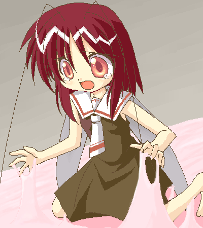 lowres, 1girl, antennae, arthropod girl, brown hair, bug, cockroach, female focus, glue, insect, kneeling, monster girl, oekaki, red eyes, school uniform, serafuku, solo, tears, wings