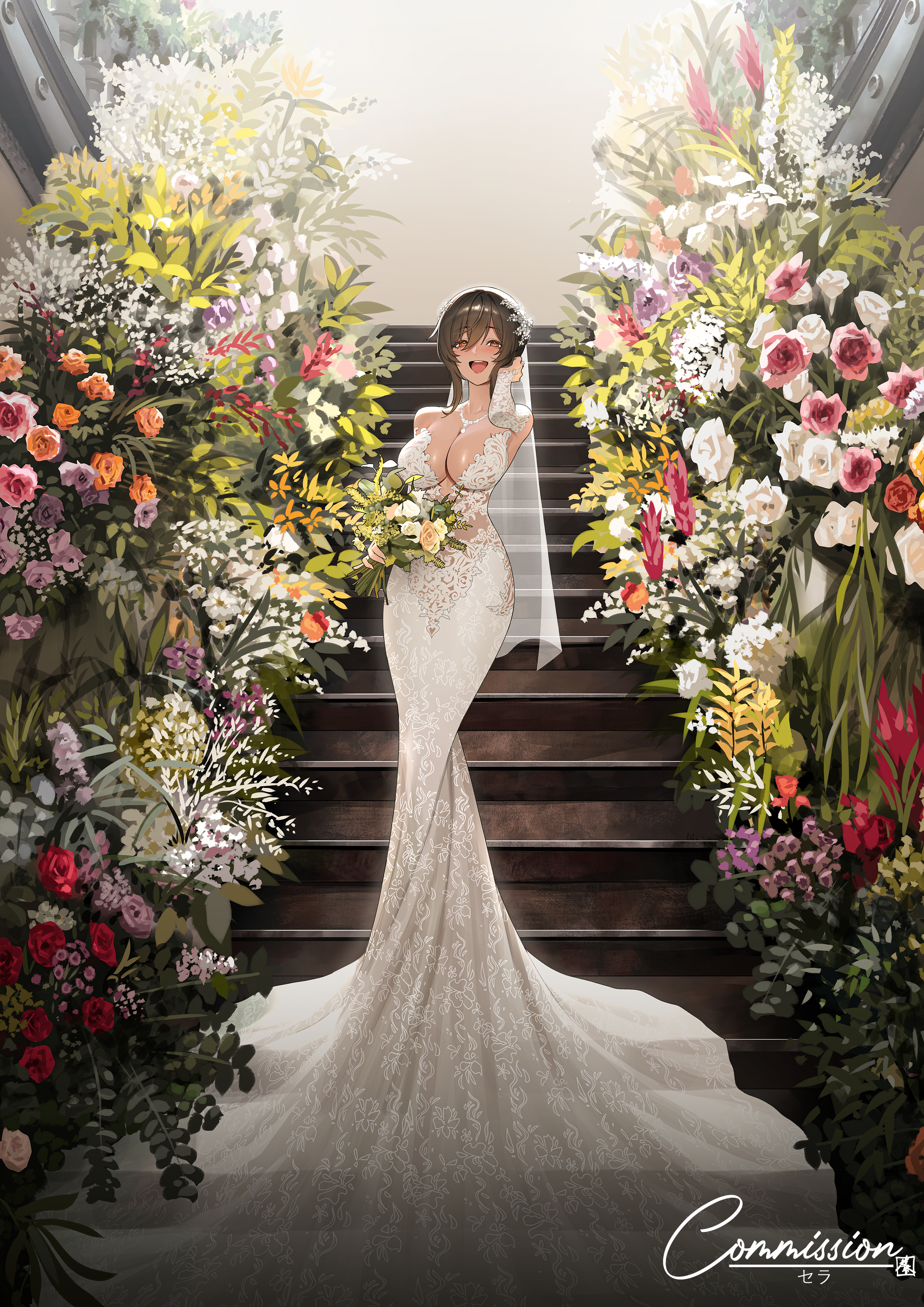 shizuko hideyoshi, original, absurdres, commission, highres, 1girl, bare shoulders, bouquet, breasts, bridal veil, brown eyes, brown hair, detached sleeves, dress, flower, full body, holding, holding bouquet, jewelry, large breasts, necklace, open mouth, solo, stairs, standing, strapless, strapless dress, veil, wedding dress, white dress, white veil