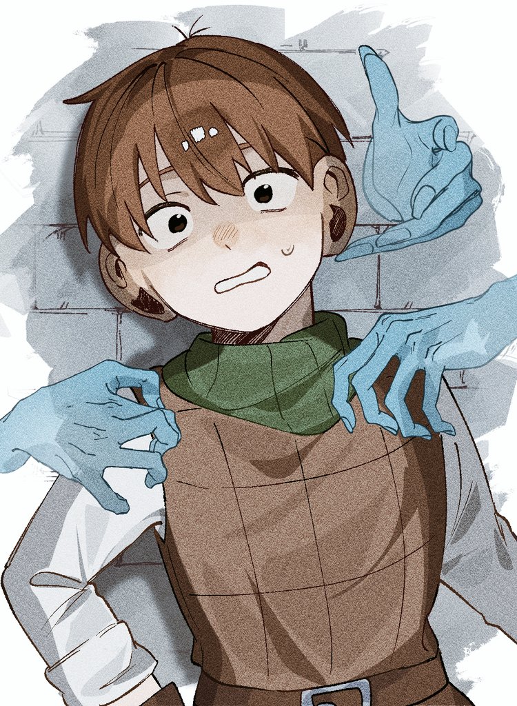 0a 9 (pixiv82791714), chilchuck tims, dungeon meshi, 1boy, brown hair, disembodied hand, halfling, long sleeves, looking at viewer, male focus, neck warmer, shirt, short hair