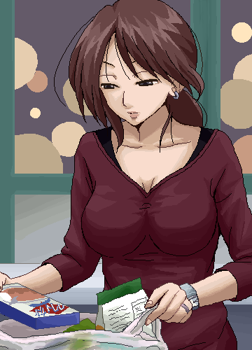 lowres, 1girl, breasts, brown hair, cleavage, clock, closed mouth, collarbone, contemporary, expressionless, female focus, glasses, indoors, large breasts, lips, oekaki, reading, semi-rimless eyewear, solo, table, upper body, watch, wristwatch