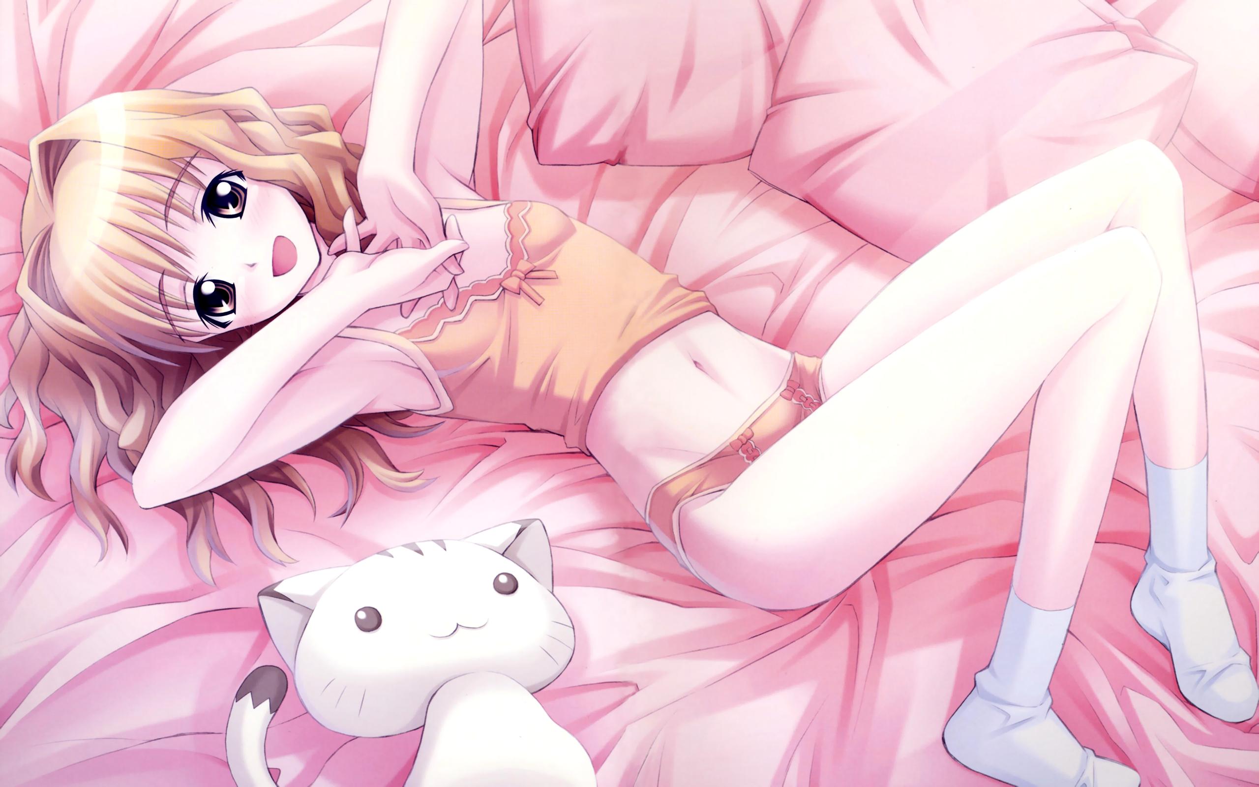 matsuryuu, yamanobe miki, cross channel, highres, 1girl, armpits, bed, bow, bow panties, brown hair, camisole, feet, female focus, lying, no shoes, on back, orange panties, panties, petite, socks, solo, stuffed animal, stuffed toy, underwear