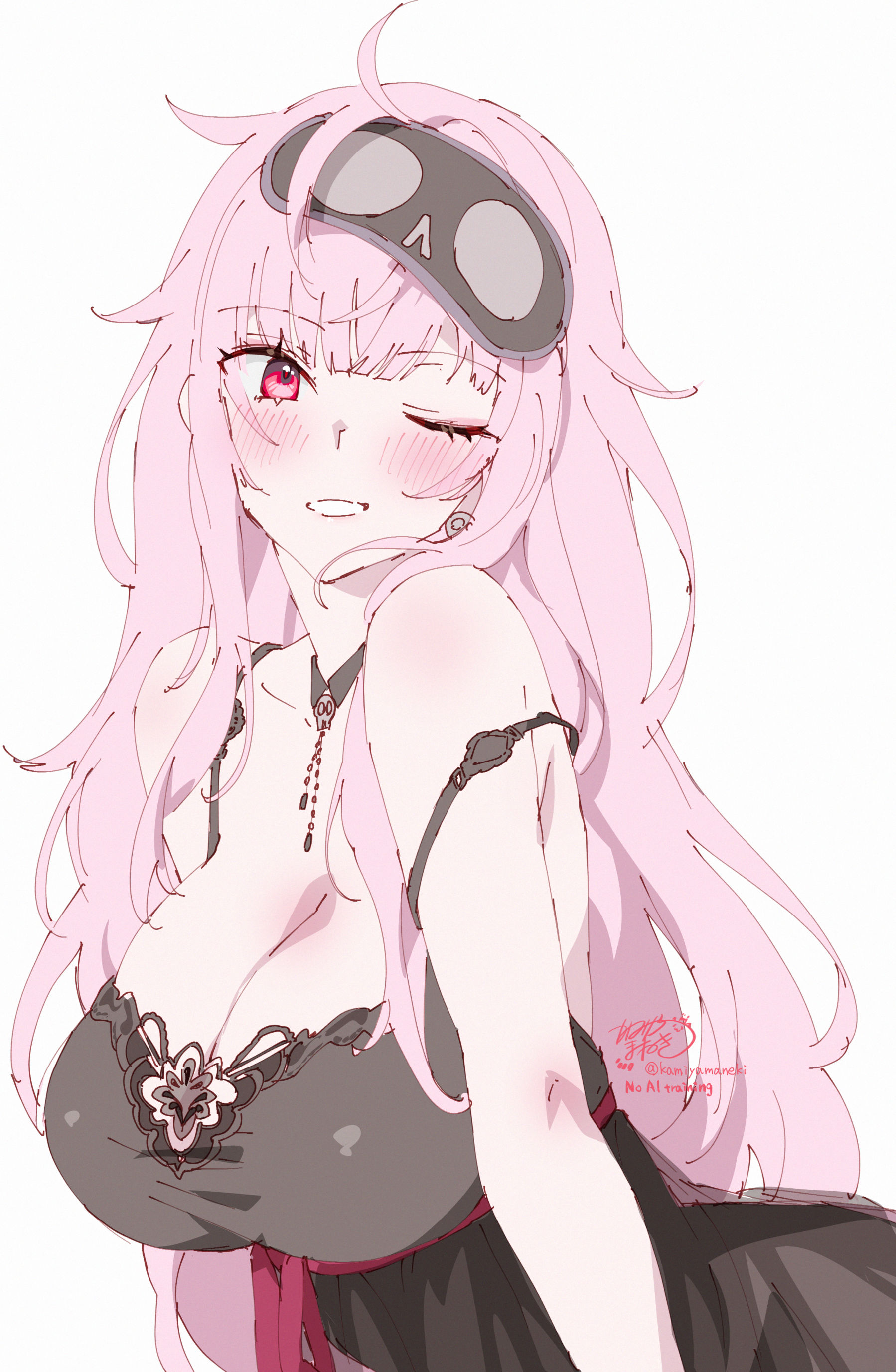 kamiya maneki, mori calliope, mori calliope (sleepwear), hololive, hololive english, absurdres, commentary, highres, 1girl, artist name, bare shoulders, black choker, black nightgown, blush, breasts, choker, cleavage, collarbone, earrings, grin, huge breasts, jewelry, long hair, looking at viewer, nightgown, one eye closed, pink eyes, pink hair, signature, simple background, skull choker, skull earrings, sleep mask, smile, solo, strap slip, twitter username, virtual youtuber, white background