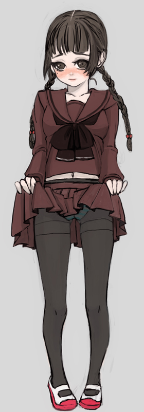 mksm, bad id, bad pixiv id, 1girl, blush, braid, brown eyes, brown hair, clothes lift, crotch seam, embarrassed, female focus, long hair, mary janes, mole, mole under eye, panties, panties under pantyhose, pantyhose, school uniform, serafuku, shoes, skirt, skirt lift, solo, striped clothes, striped panties, thighband pantyhose, twin braids, underwear, upskirt, uwabaki