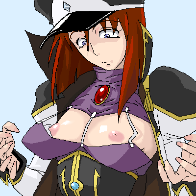 forte stollen, broccoli (company), galaxy angel, bad id, bad pixiv id, lowres, 00s, 1girl, alternate breast size (smaller), breast reduction, breasts, cleavage cutout, clothing cutout, female focus, hat, nipples, no bra, oekaki, peaked cap, red hair, short hair, simple background, small breasts, small nipples, solo, wardrobe malfunction