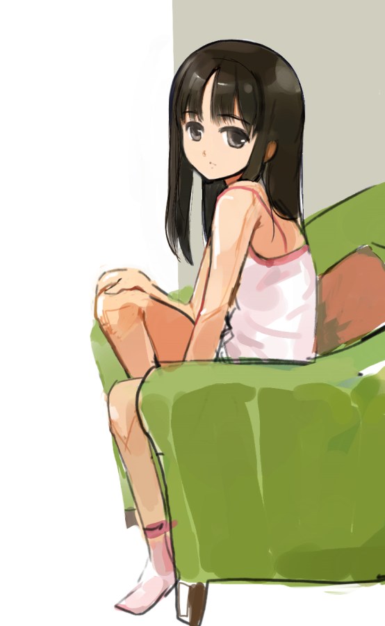 asasow, tsutsumi kinuka, hizashi no naka no real, bad id, bad pixiv id, 1girl, black eyes, black hair, camisole, chair, chemise, female focus, green upholstery, long hair, sitting, sketch, solo, tank top