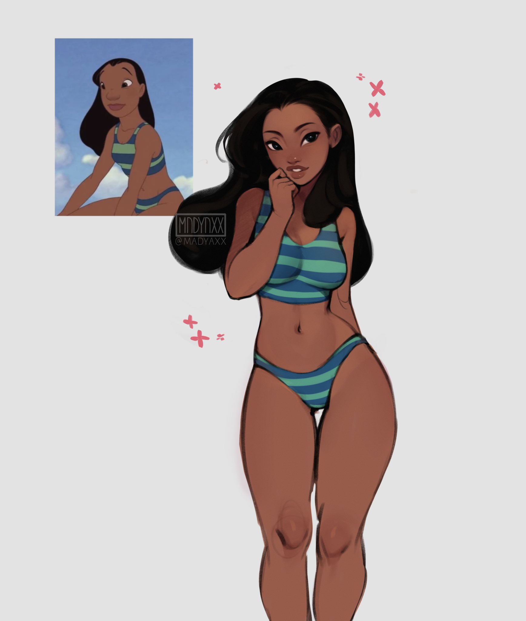 madyaxx, nani pelekai, lilo & stitch, highres, 1girl, aqua bikini, artist name, bikini, black hair, blue bikini, breasts, brown eyes, dark-skinned female, dark skin, grey background, long hair, medium breasts, multicolored bikini, navel, reference inset, simple background, solo, striped bikini, striped clothes, swimsuit, two-tone bikini