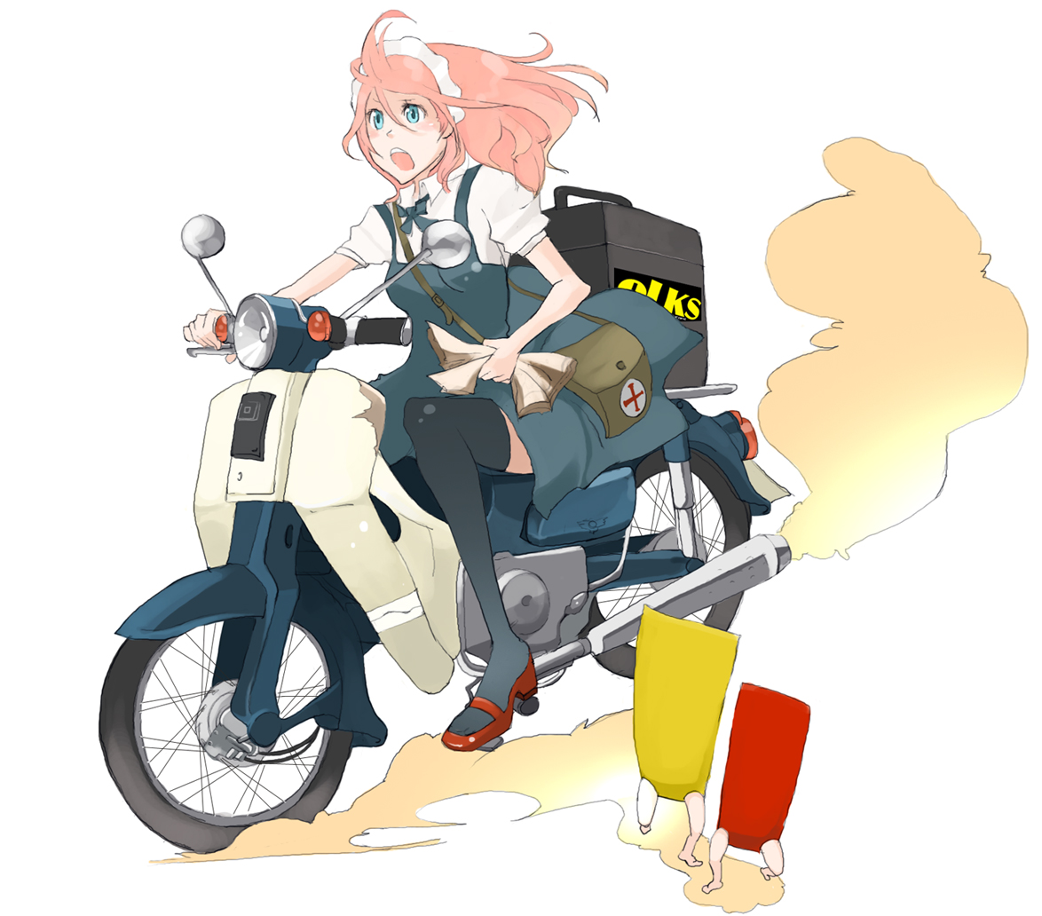 tansuke, takagi (tansuke), original, vehicle, aqua eyes, honda cub, long hair, maid, motor vehicle, motorcycle, pink hair, simple background, solo, thighhighs