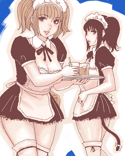 matoyama, lowres, 2girls, blue background, breasts, cleavage, cup, drinking glass, drinking straw, monochrome, multiple girls, oekaki, pink theme, tail, thighhighs, thighs, twintails, waitress