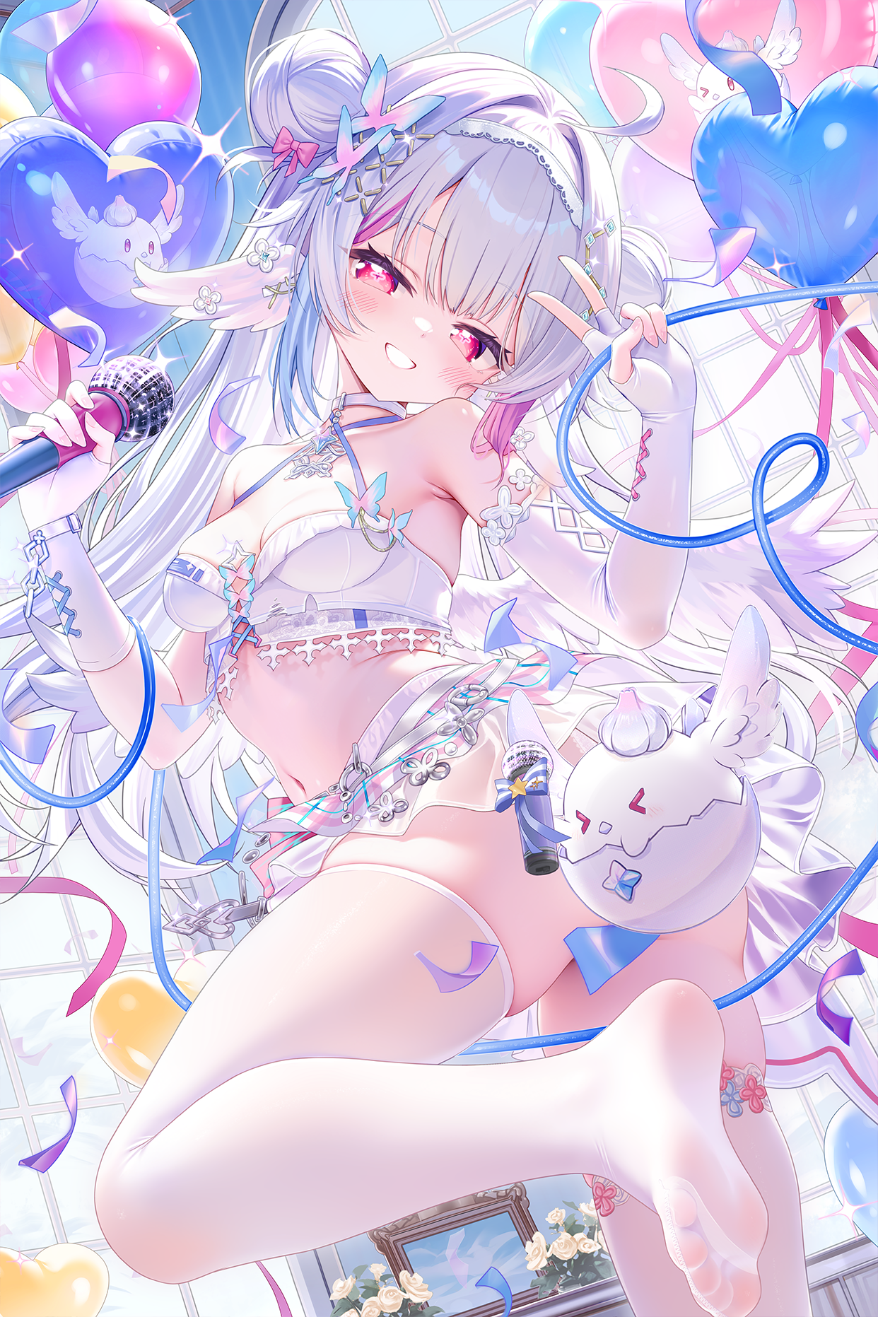 neeko (vtuber), indie virtual youtuber, highres, balloon, bare shoulders, blush, bra, breasts, clothes lift, elbow gloves, foot out of frame, gloves, hair bun, hand up, head tilt, indoors, long hair, looking at viewer, microphone, miniskirt, no bra, no shoes, panties, red eyes, see-through clothes, see-through skirt, skirt, skirt lift, small breasts, solo, standing, standing on one leg, thighhighs, underwear, v, white bra, white gloves, white hair, white skirt, white thighhighs, window, wings