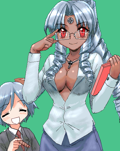 visbou, vista-tan, vistake, os-tan, lowres, 2girls, breasts, cleavage, dark-skinned female, dark skin, drill hair, glasses, grey hair, large breasts, multiple girls, oekaki, open clothes, open shirt, shirt