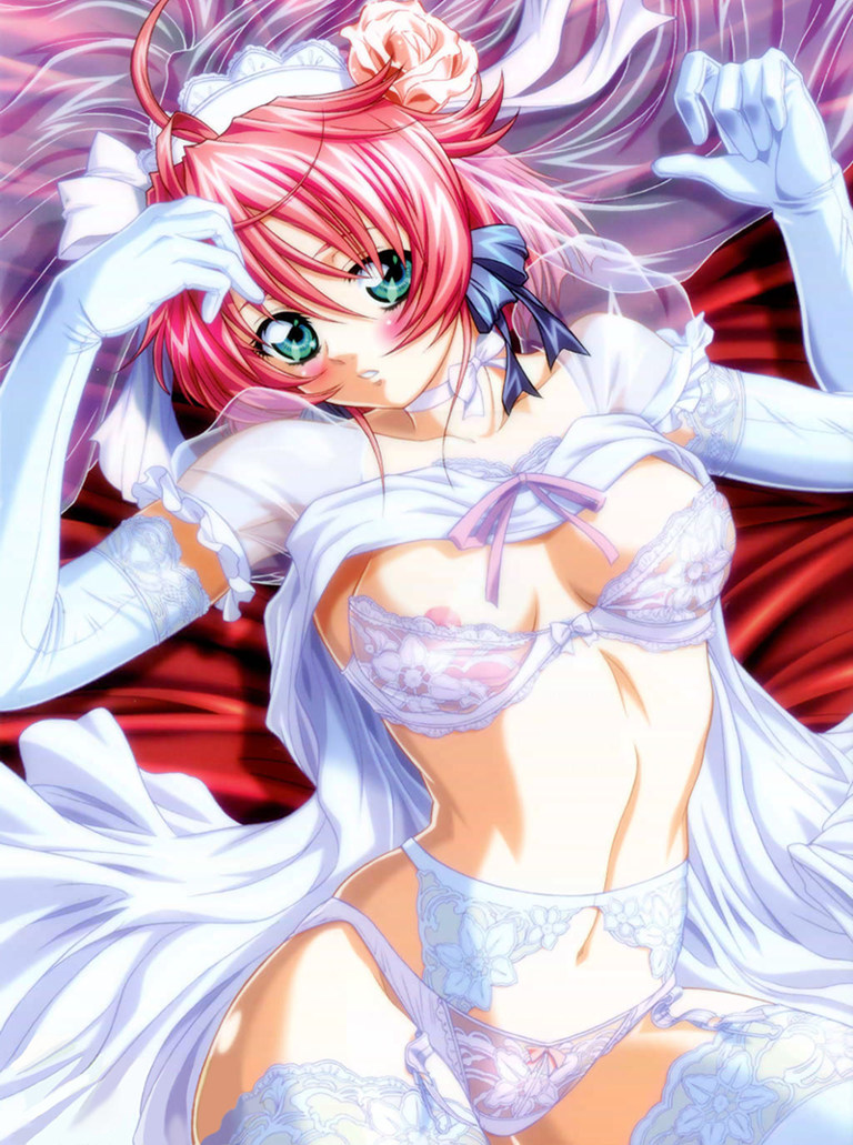 yokota mamoru, sakisaka tsubomi, ikinari happy bell, 1girl, blush, breasts, choker, dress, elbow gloves, female focus, garter belt, gloves, green eyes, lingerie, lying, nipple slip, nipples, panties, red hair, ribbon, solo, thighhighs, underwear, veil