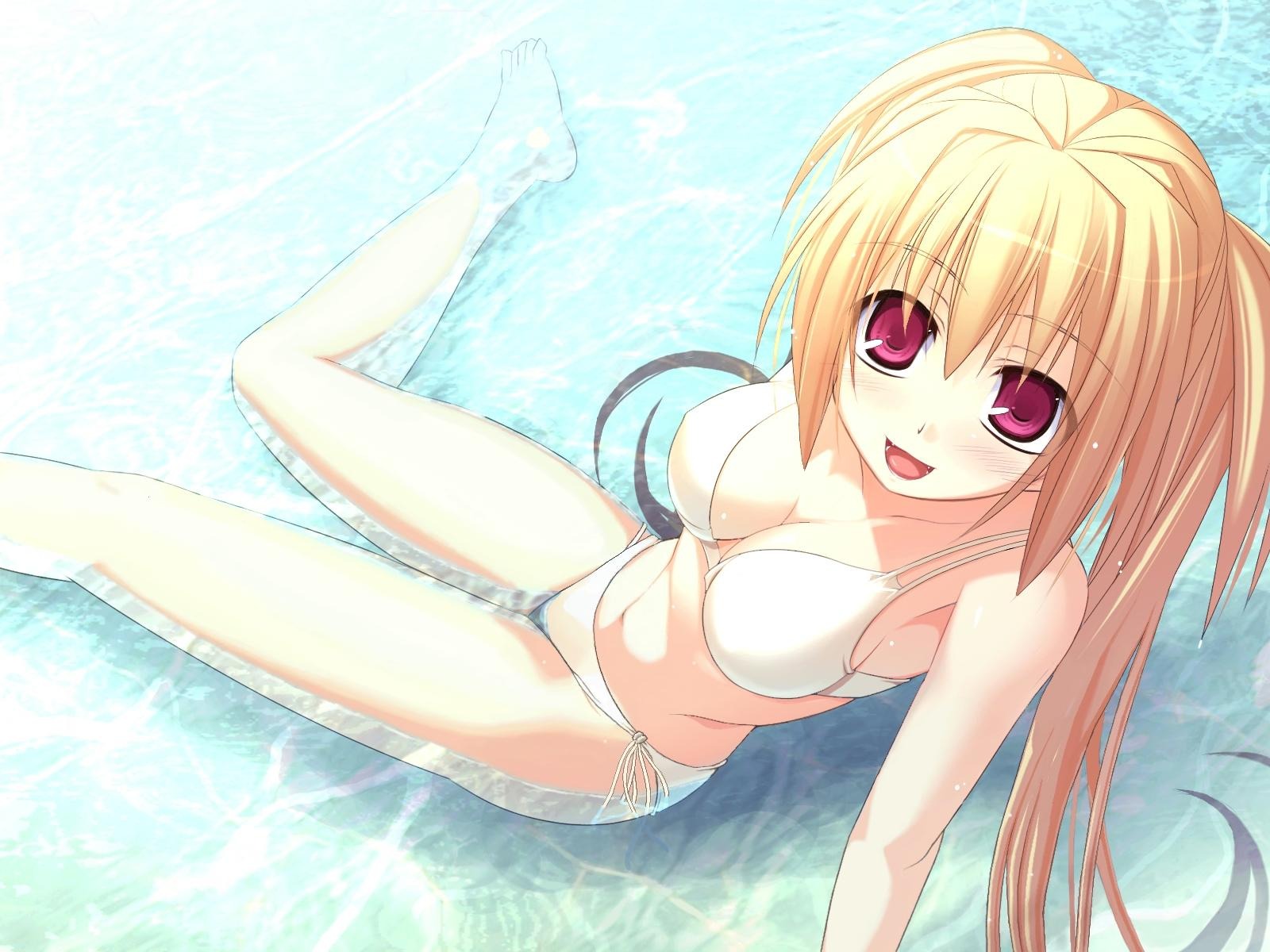 ninozen, chiba kirino, bamboo blade, highres, 00s, 1girl, arm support, barefoot, bikini, blonde hair, breasts, female focus, from above, long hair, looking up, red eyes, side-tie bikini bottom, sitting, smile, solo, sunlight, swimsuit, twintails, water, white bikini