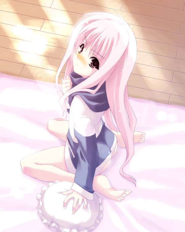 sakura nitouhei, louise francoise le blanc de la valliere, zero no tsukaima, 00s, 1girl, barefoot, blush, bottomless, female focus, from above, kneeling, long hair, naked shirt, pillow, pink eyes, pink hair, shirt, sitting, solo, wariza