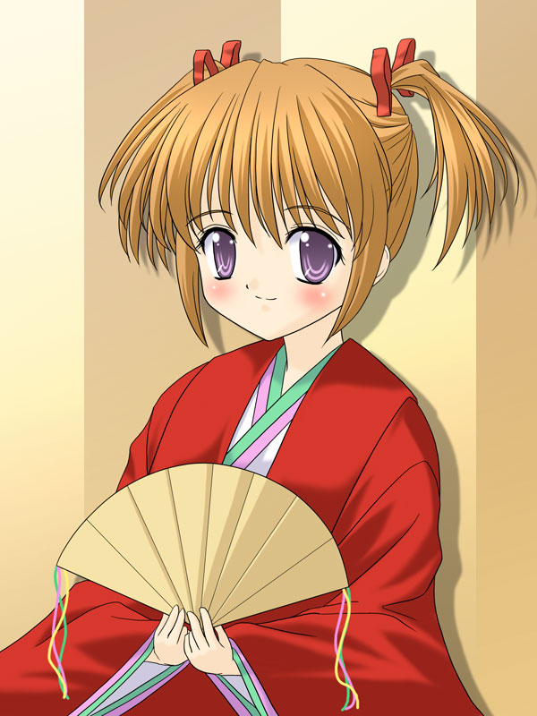 masakichi (crossroad), hinako (sister princess), sister princess, 00s, folding fan, hand fan, japanese clothes, kimono, solo, twintails