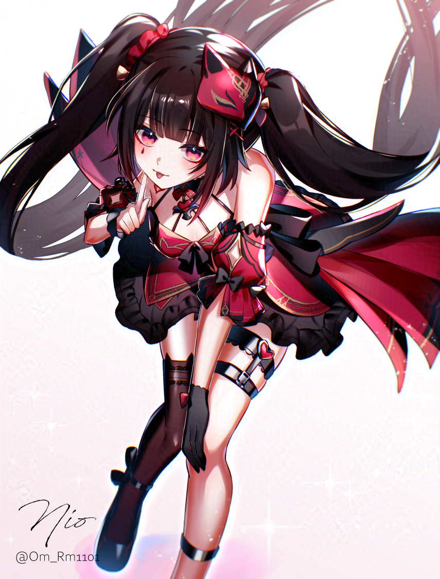 om rm1101, sparkle (fictitious game) (honkai: star rail), sparkle (honkai: star rail), honkai: star rail, honkai (series), honkai impact 3rd, commentary, 1girl, anklet, black hair, black thighhighs, dress, floating hair, frilled dress, frills, gloves, index finger raised, jewelry, long hair, mask, mask on head, purple eyes, red dress, simple background, single glove, single thighhigh, solo, teardrop facial mark, thigh strap, thighhighs, tongue, tongue out, twintails, very long hair, white background
