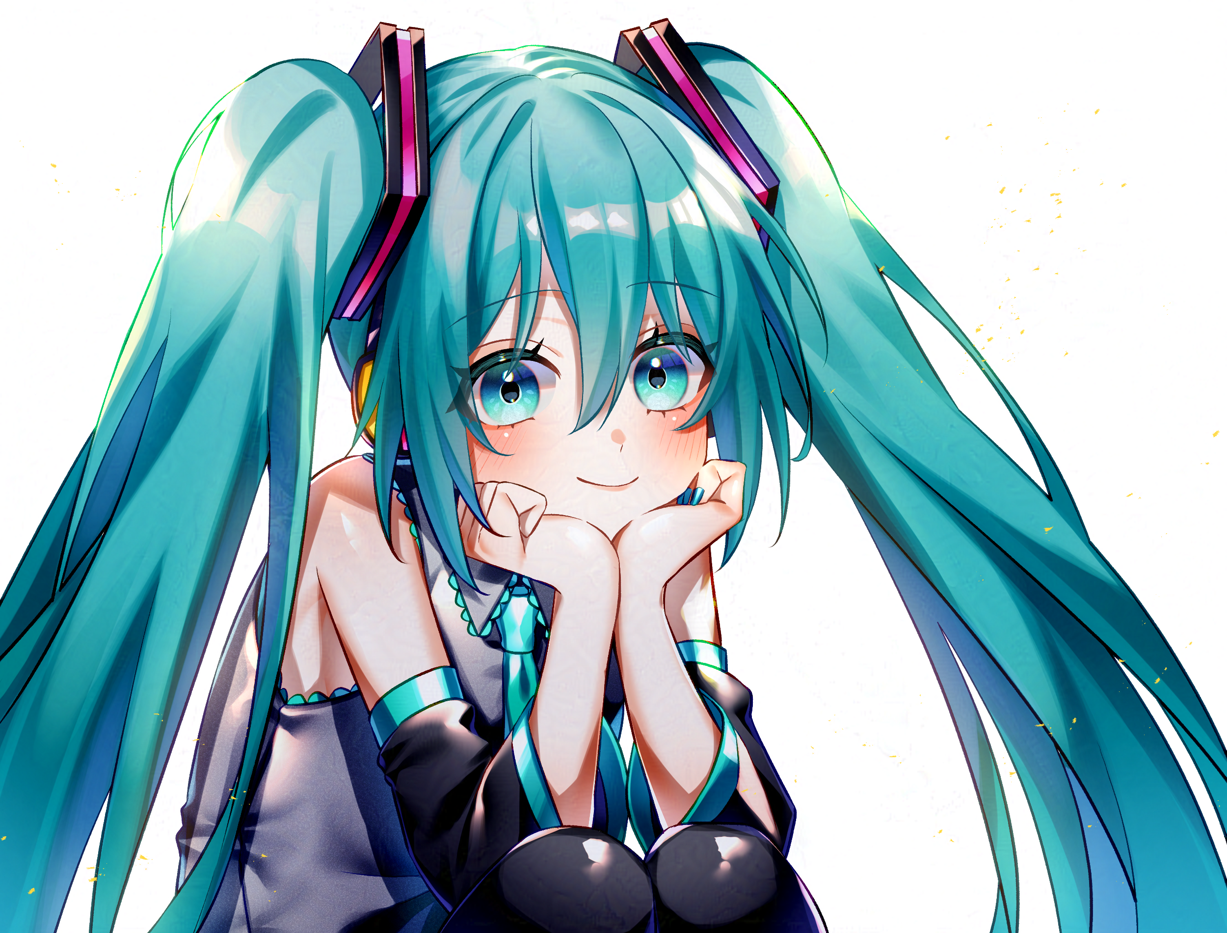 om rm1101, hatsune miku, vocaloid, commentary, highres, 1girl, aqua eyes, aqua hair, blush, closed mouth, dated commentary, detached sleeves, grey shirt, hair between eyes, headphones, looking at viewer, shirt, simple background, sleeveless, sleeveless shirt, solo, twintails, white background
