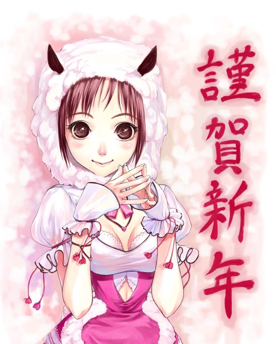 es (cah60700), original, source request, translation request, 1girl, animal ears, blush, breasts, brown eyes, brown hair, cleavage, dress, female focus, hood, japanese text, smile, solo