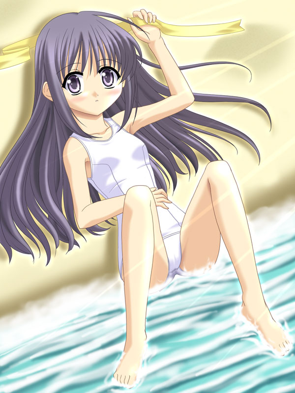 masakichi (crossroad), marie (sister princess), sister princess, 00s, 1girl, barefoot, beach, female focus, long hair, lying, on back, one-piece swimsuit, partially submerged, sand, school swimsuit, solo, swimsuit, water, white one-piece swimsuit, white school swimsuit