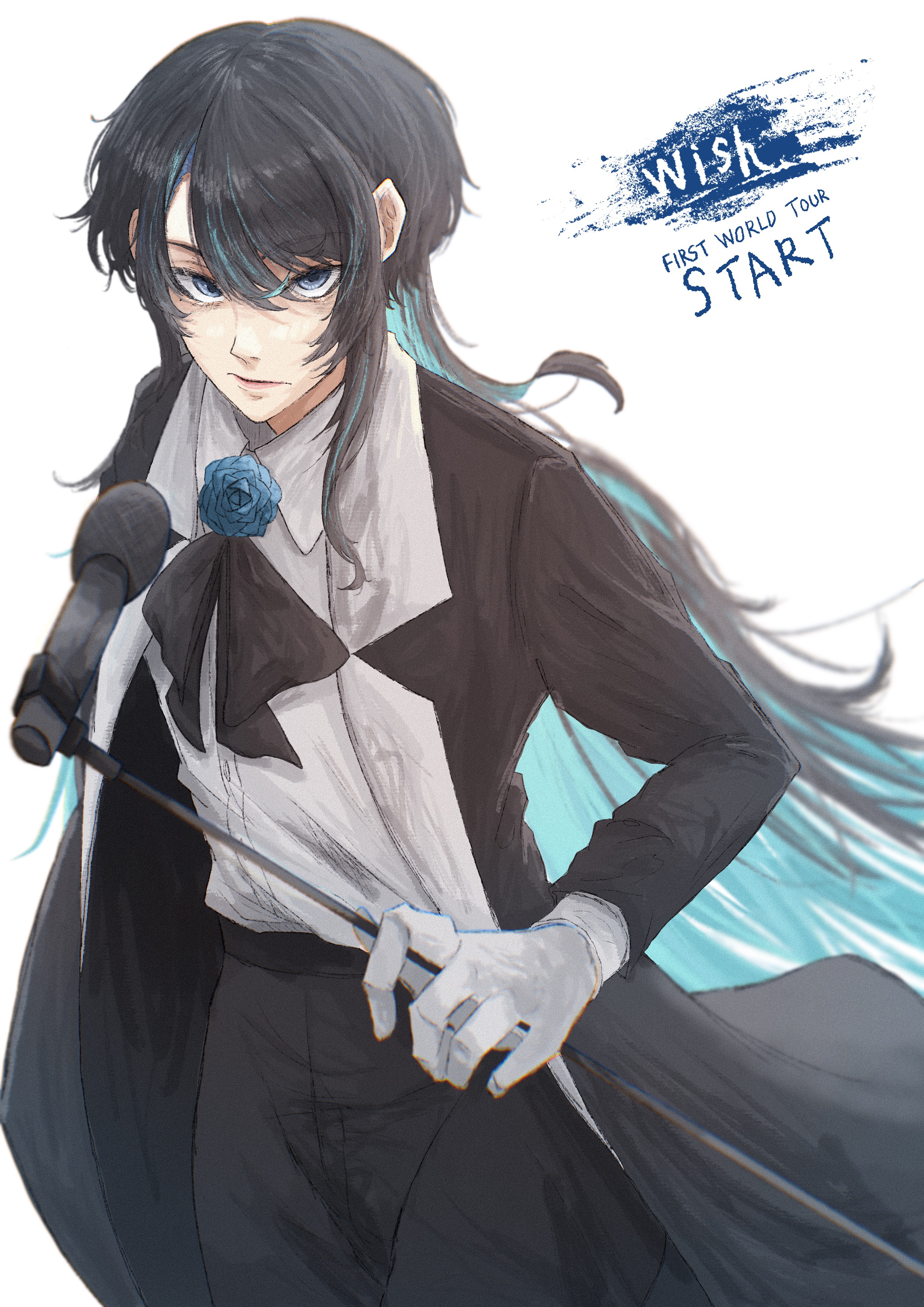 koruko (kaoruko67000), chando (ado), ado (utaite), absurdres, commentary request, highres, 1girl, aegyo sal, black coat, black hair, blue eyes, blue flower, blue hair, blue rose, coat, collared shirt, colored inner hair, dress shirt, flower, gloves, holding, holding microphone stand, long hair, microphone, microphone stand, mole, mole under eye, multicolored hair, open clothes, open coat, rose, shirt, solo, white gloves, white shirt