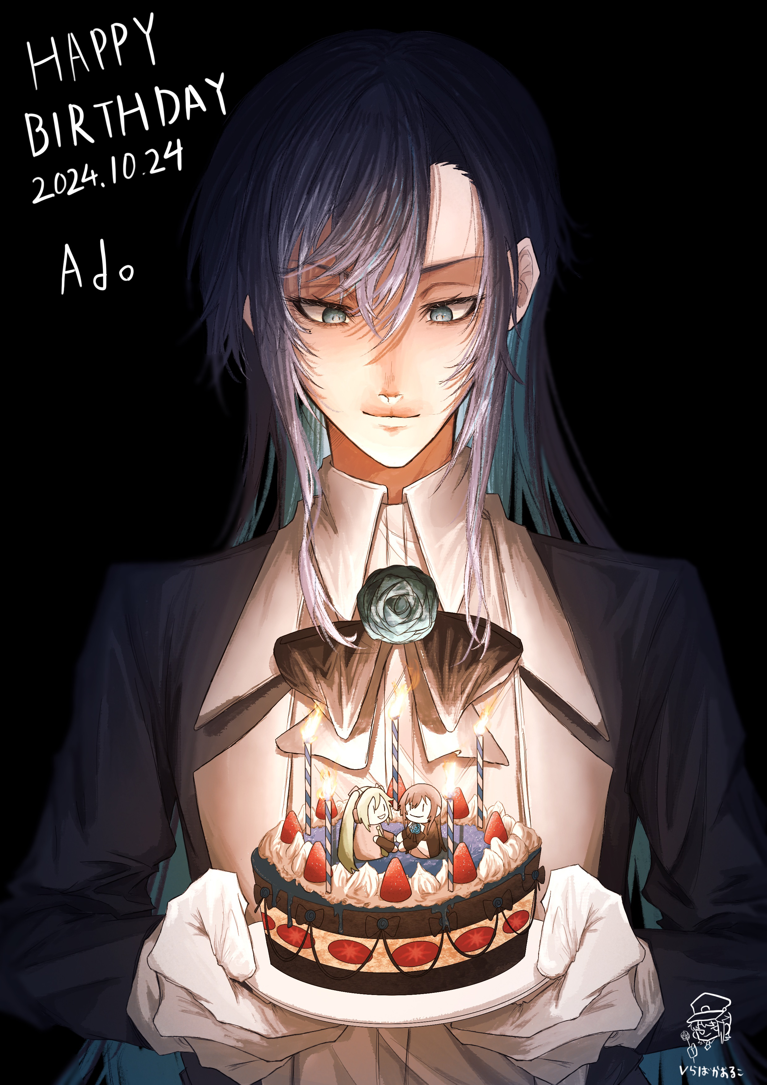koruko (kaoruko67000), chando (ado), hatsune miku, ado (utaite), vocaloid, absurdres, alt text, commentary, highres, 1girl, artist name, birthday cake, black background, black bow, black bowtie, black coat, black hair, blue eyes, blue flower, blue hair, blue rose, bow, bowtie, cake, candle, character name, closed mouth, coat, collared shirt, colored inner hair, dated, dress shirt, flower, food, gloves, hair between eyes, happy birthday, holding, holding plate, mole, mole under eye, multicolored hair, open clothes, open coat, plate, rose, shirt, sidelocks, simple background, solo, utaite, white gloves, white shirt