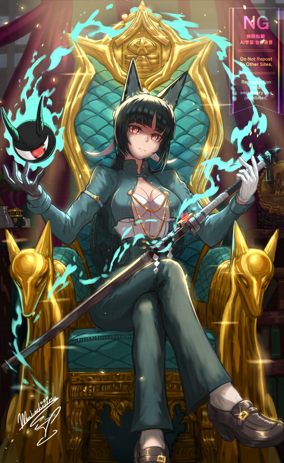 mochachiiino, hoshimi miyabi, tailless (zenless zone zero), zenless zone zero, highres, 1girl, 1other, animal ear fluff, animal ears, aqua jacket, armband, asymmetrical gloves, black hair, black shoes, blue jacket, blue pants, breasts, crossed legs, fox ears, fox girl, gloves, gold, gold necklace, holding, holding sword, holding weapon, jacket, jewelry, katana, long hair, necklace, outstretched arms, pants, red eyes, shoes, signature, sitting on throne, socks, spread arms, sword, throne, weapon, white socks