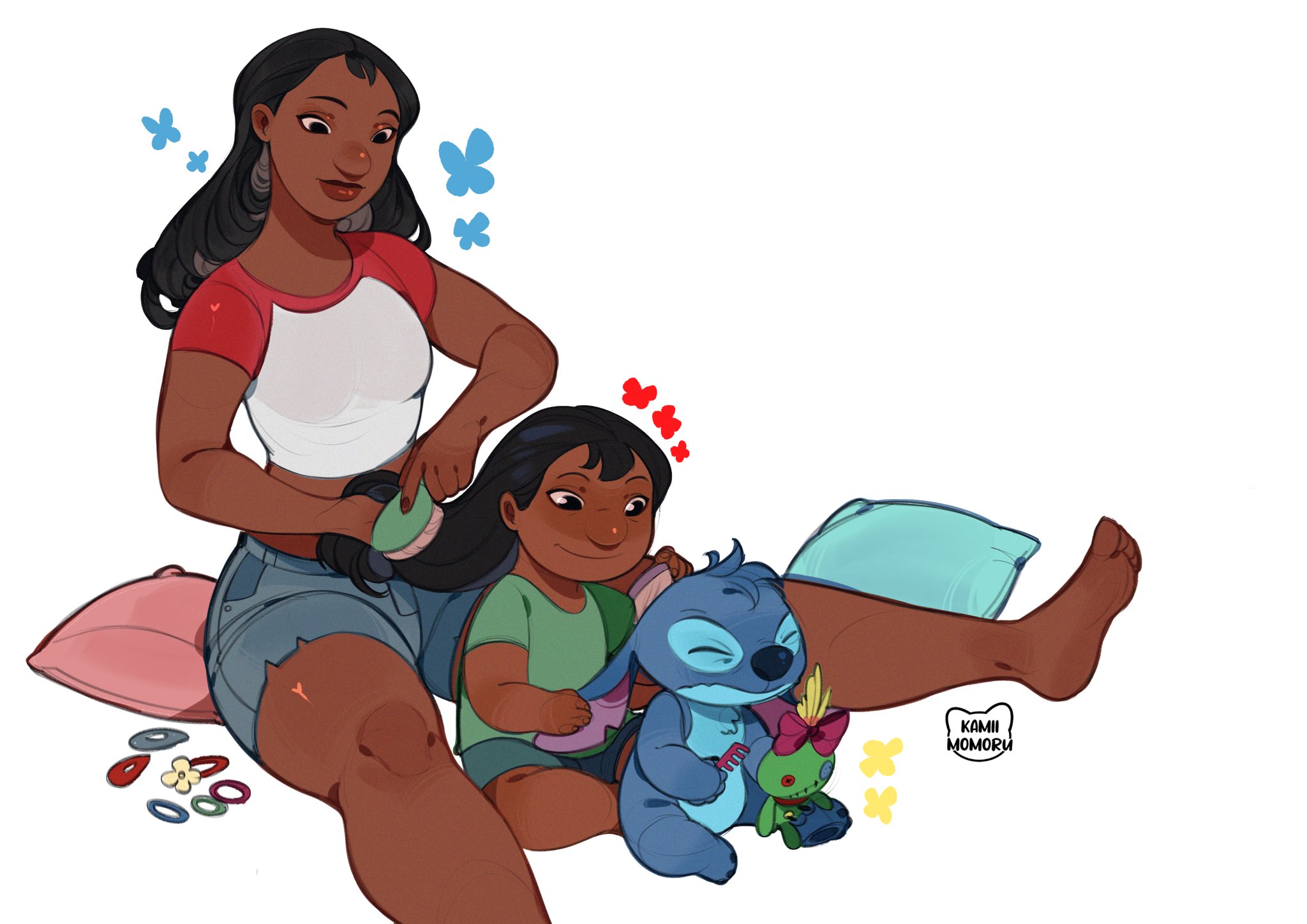kamii momoru, lilo pelekai, nani pelekai, stitch (lilo & stitch), lilo & stitch, highres, 2girls, artist name, barefoot, black hair, blue shorts, brushing another's hair, brushing hair, dark-skinned female, dark skin, green shirt, long hair, multiple girls, pillow, red sleeves, shirt, short shorts, short sleeves, shorts, siblings, simple background, sisters, sitting, white background, white shirt